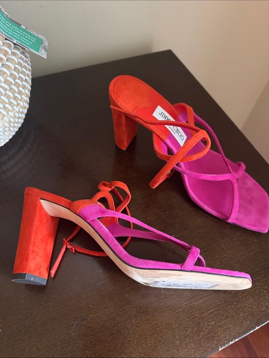 Jimmy Choo Shoes - Jimmy Choo Pink & Red Suede Strappy Block Heel Sandals